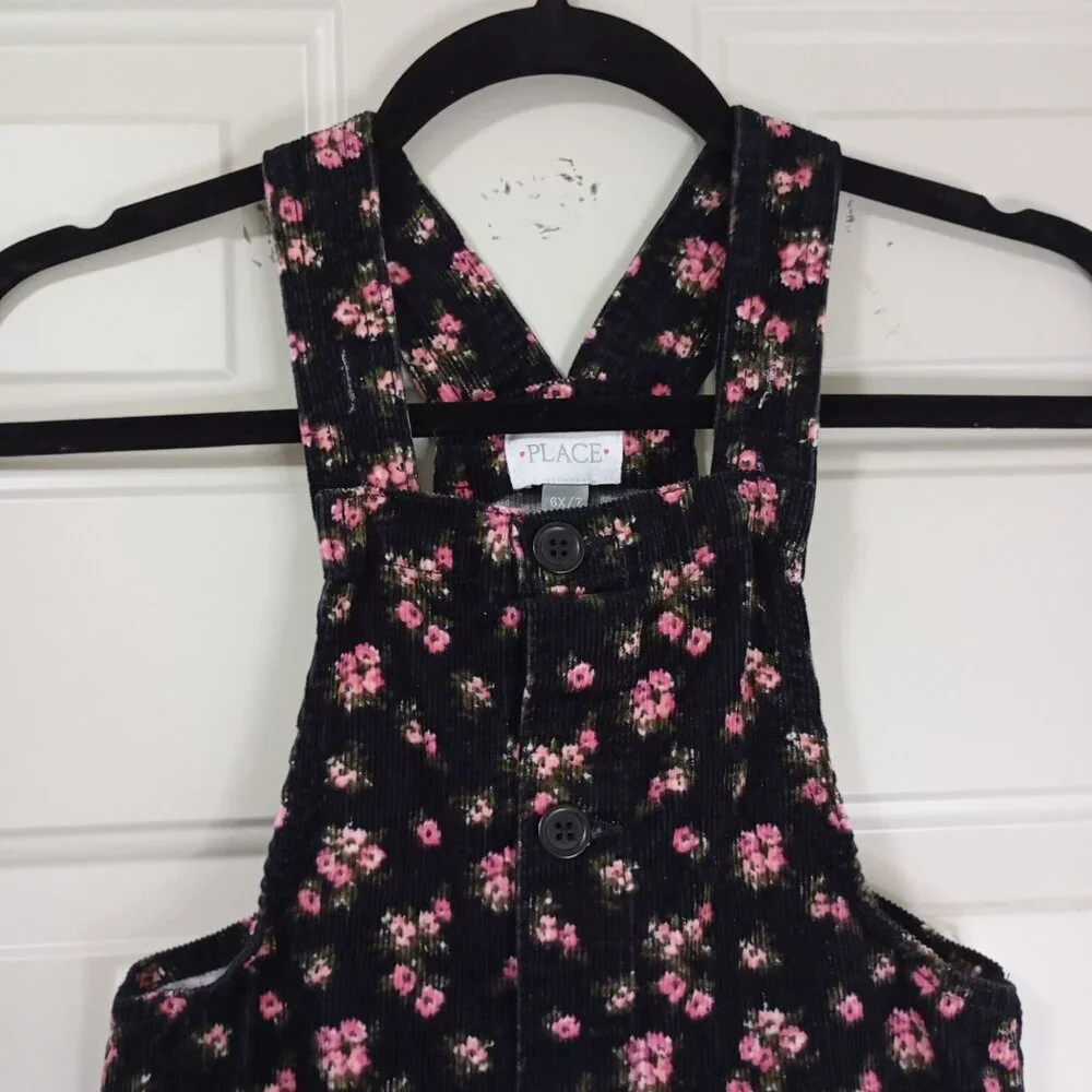 The Childrens Place Girls Floral Corduroy Overall Dress 6X/7 100% Cotton
